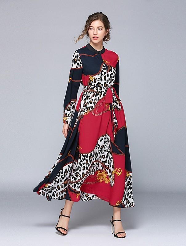 Long-sleeved Fashion Leopard Print Slim Long Dress