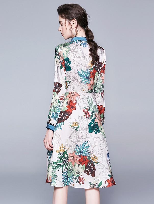 Long-sleeved Print Slim Mid-length A-line Dress