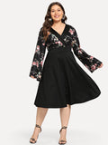 V Neck Flare Long Sleeve Floral Print Midi Dress XL-4XL