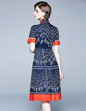 Lapel Short-sleeved Slim Print Mid-length Dress