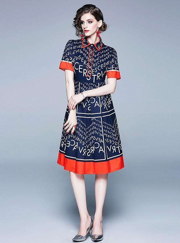 Lapel Short-sleeved Slim Print Mid-length Dress