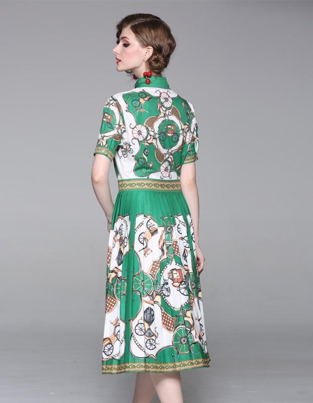 Lapel Short Sleeve Fashion Printed Pleated Dress