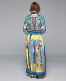 Vintage Printed Lapel Long Sleeve  maxi Dress