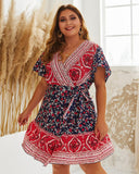 Boho Floral Wrap V-neck Casual Print Mini Dress XL-4XL