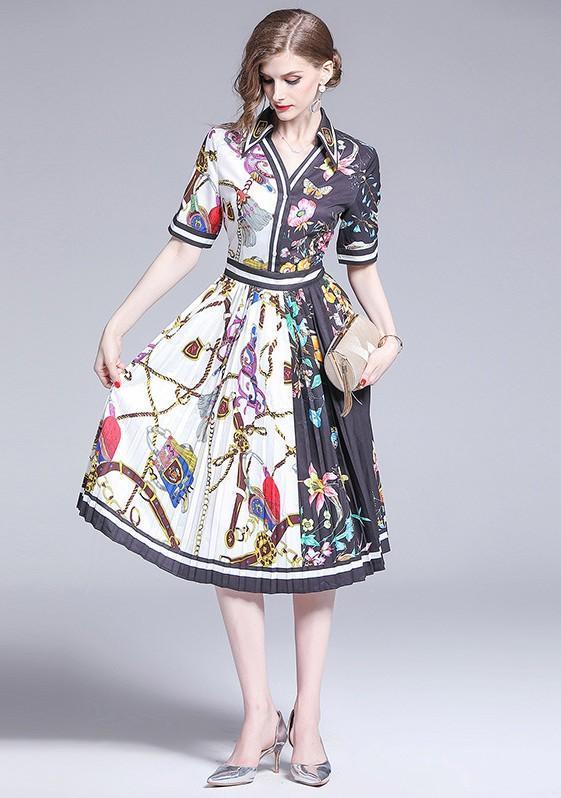 Fashion Print Short Sleeve Slim Midi Dress