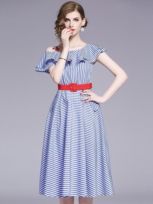Ruffled Off-the-shoulder High-waist Striped Dress