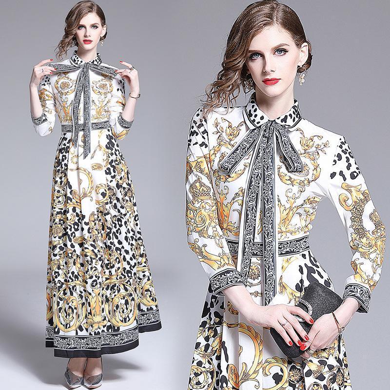 Lapel Fashion Print Slim Retro Maxi Dress