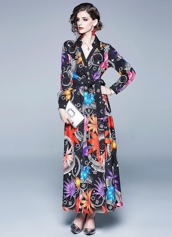 Fashion V Neck Long Sleeves Floral Print Maxi Dress
