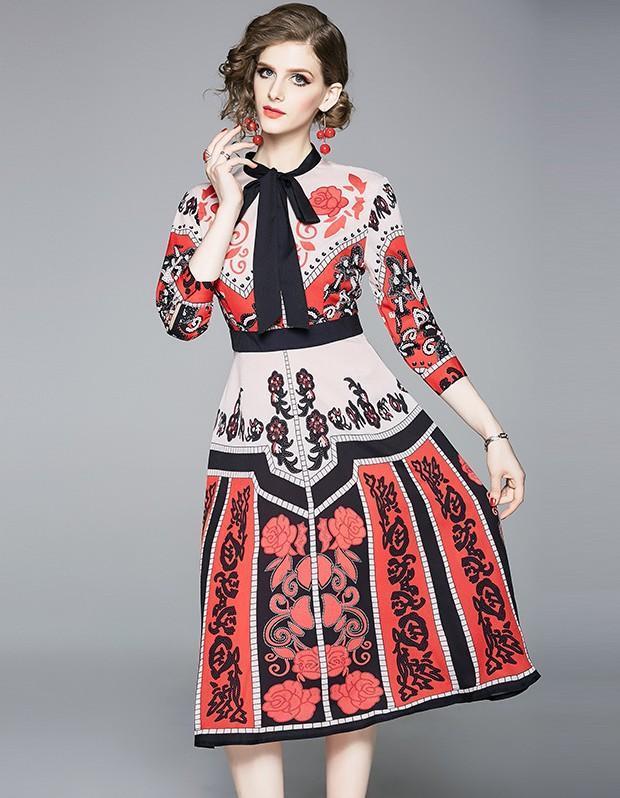 Fashion Floral Print Slim Midi Dress