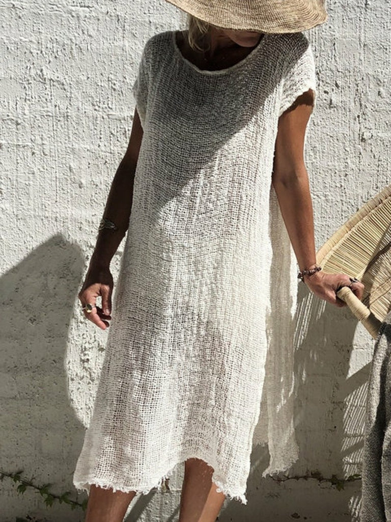 Irregular Solid Color Short Sleeve Dress