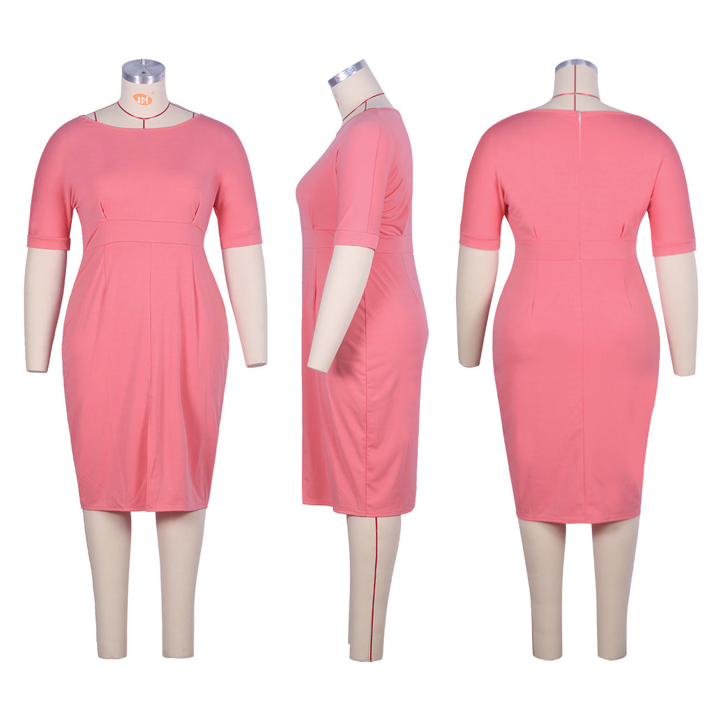 Plus Size Solid Color Ol Style Midi Dress