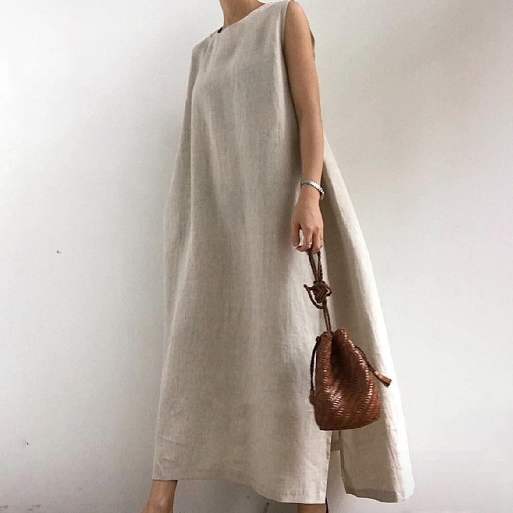 Solid Color Sleeveless Cotton Casual Dress