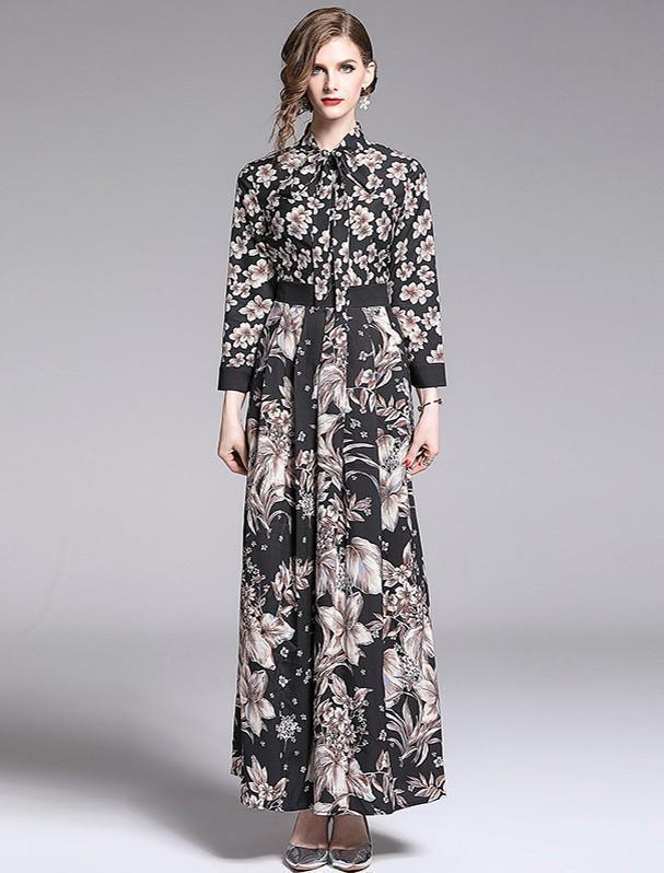 Fashion Print Knot Bow Long Sleeves Maxi Dress