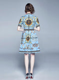 Retro Printed Lapel Short Sleeve Fashion Pleated Dress