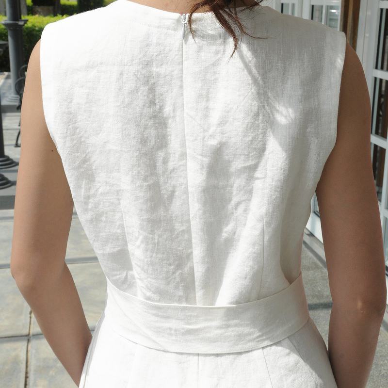 V-neck Waistband Cotton and Linen Hem Split Sleeveless Dress