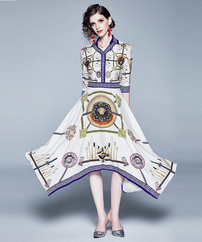 New Irregular Fashion Floral Print Midi Dress