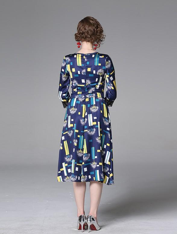 Fashion Round Neck Lace Stitching Print Slim A-line Dress