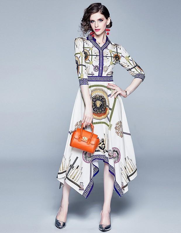 New Irregular Fashion Floral Print Midi Dress