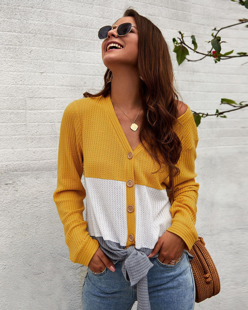 Three-color V-neck stitching long-sleeved sweater top
