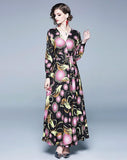 V Neck Floral Print Long Sleeve Maxi Dress