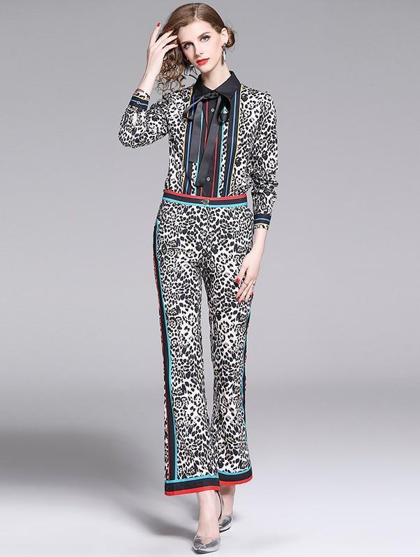 Lapel Long Sleeve Leopard Print + Flared Trousers