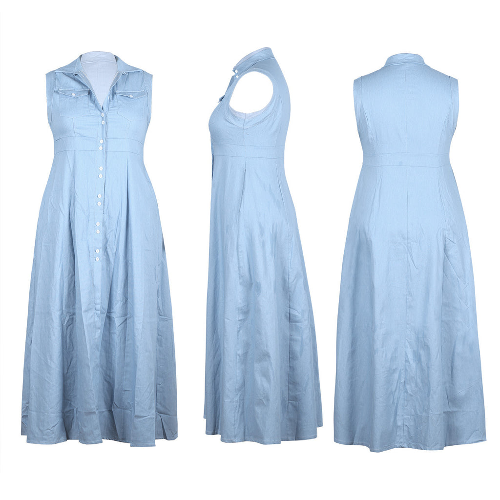 Plus Size Buttoned Washed Denim Dress L-3XL