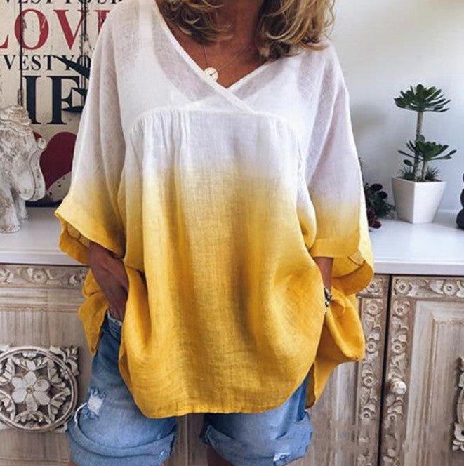 Gradient Color Print Fashion Loose Casual Sleeves T-shirt