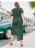 Casual Patchwork Elegant Puff Sleeves O-neck Loose Irregular Dress XL-4XL
