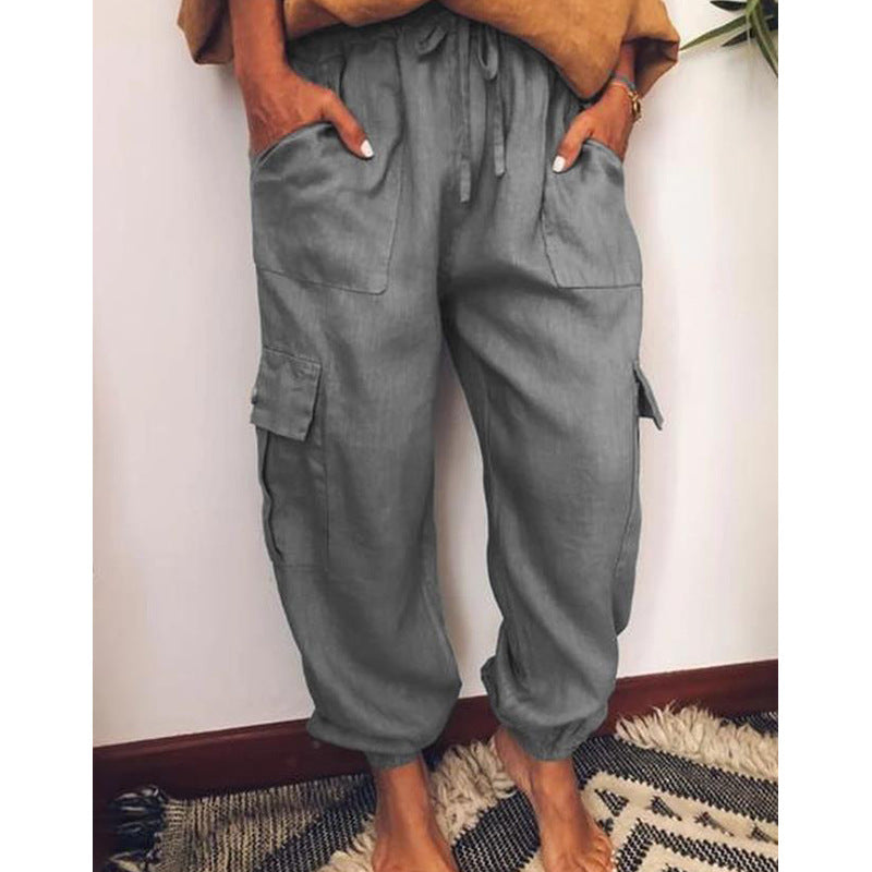 Casual Lace Up Cotton Pant with Pockets
