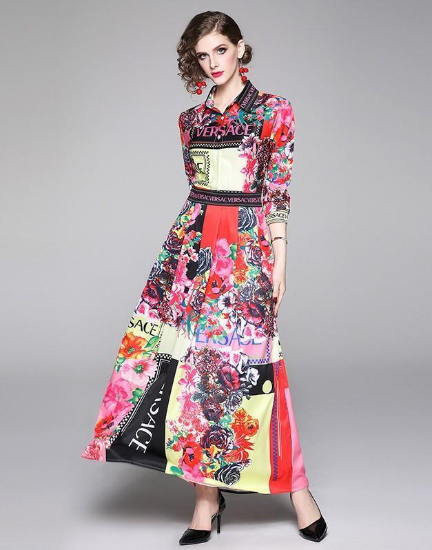 Retro Floral Print Slim Maxi Dress