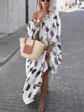 Feather Print Long Sleeves Maxi Dress