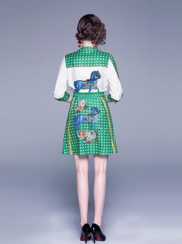 Fashion V-neck Printed Shirt + Skirt