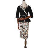 Leopard Print Spliced Suits V-neck Tops + Bodycon Midi Skirts L-3XL