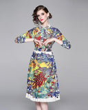 Retro Floral Print Long Sleeve Midi Dress