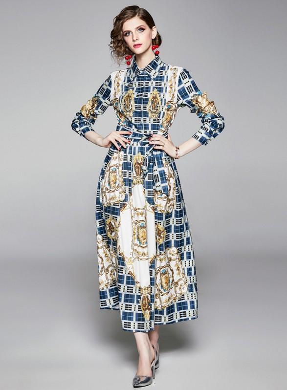Retro Plaid Printed Lapels Long Sleeve Fashion Dress