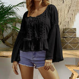 Trumpet Sleeve Round Neck Loose Lace Panel Long Sleeve T-Shirt