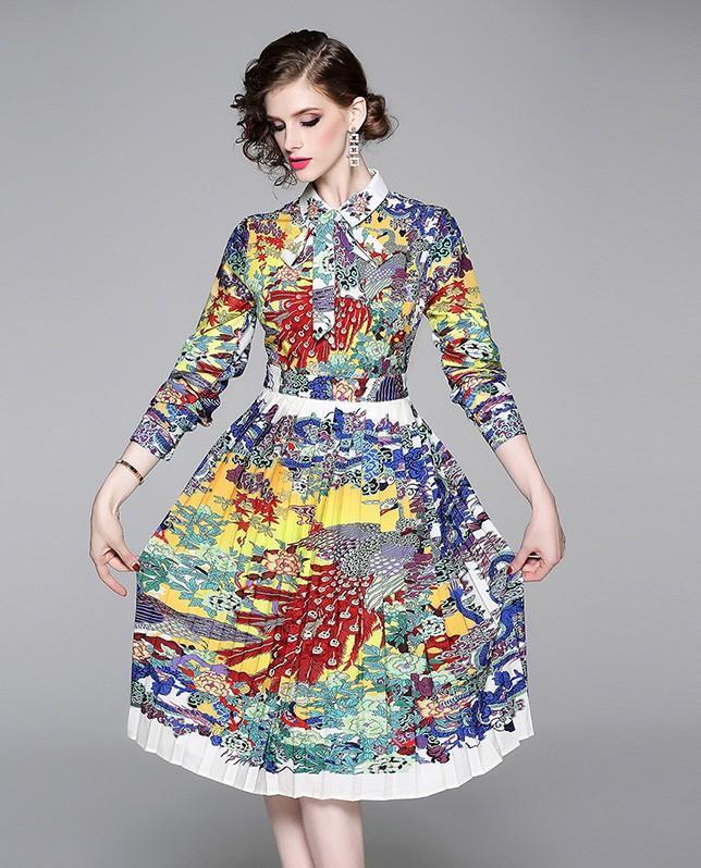 Retro Floral Print Long Sleeve Midi Dress