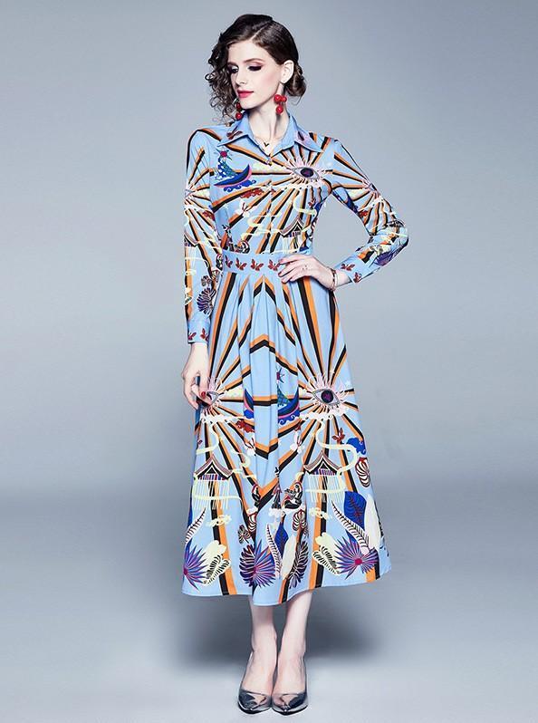 Fashion print slim long pleated dress