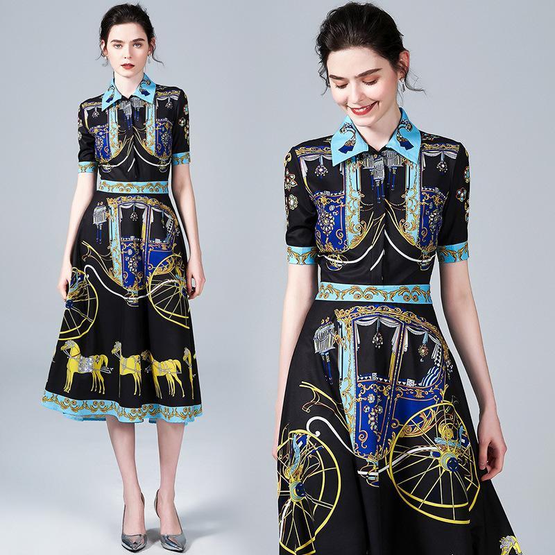 New Fashion Carriage Print Slim Midi Dress