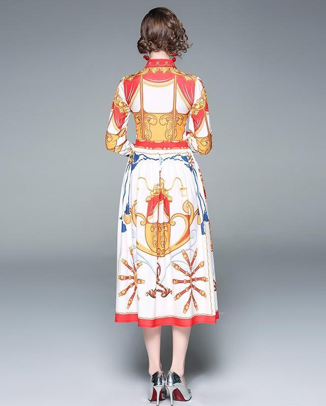 Retro Floral Print Long Sleeve Maxi Dress