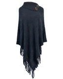 Fringed cloak shawl button solid color pullover sweater