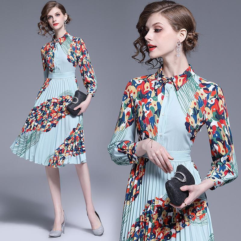 Fashion Floral Print Pleated Midi Dress