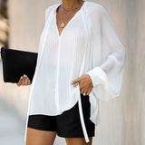 Pleated Floating Loose V-neck Chiffon Top