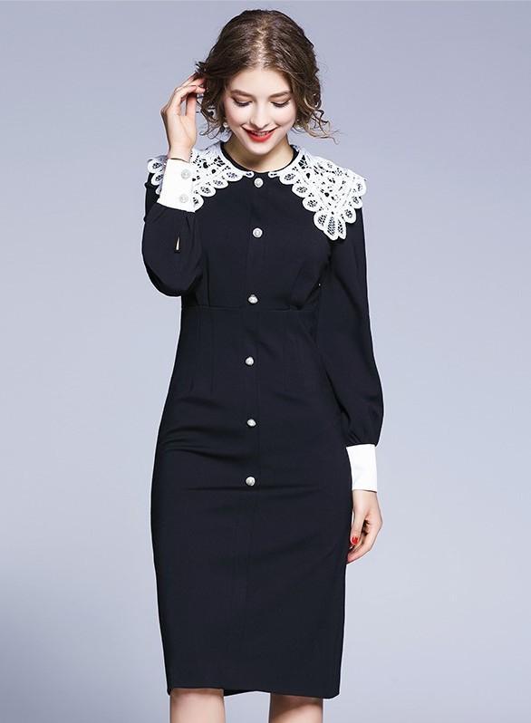 Retro Fashion Black Lace Slim Midi Dress
