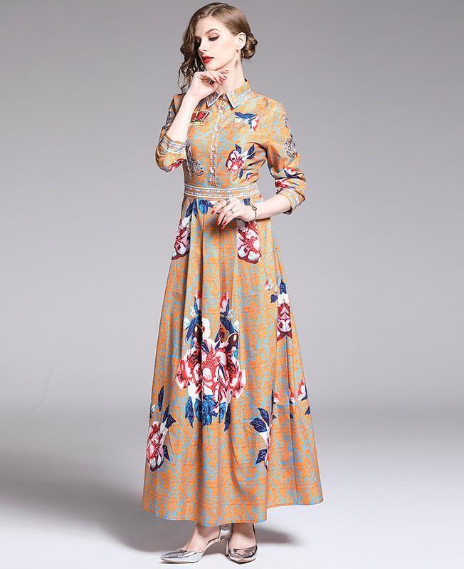 Flower Print Long Sleeve Fashion Slim Dress