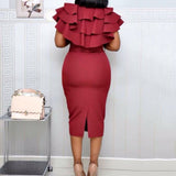 Summer Ruffle Elegant Wine Red Bodycon midi Dress(with belt) S-3XL