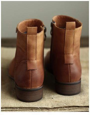 Leather retro pointed toe side zipper boots_khaki