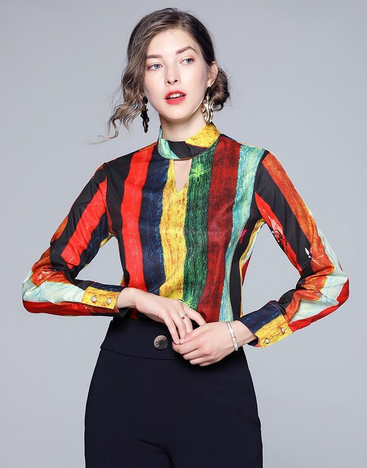 Colored Striped Print Long Sleeve Shirt