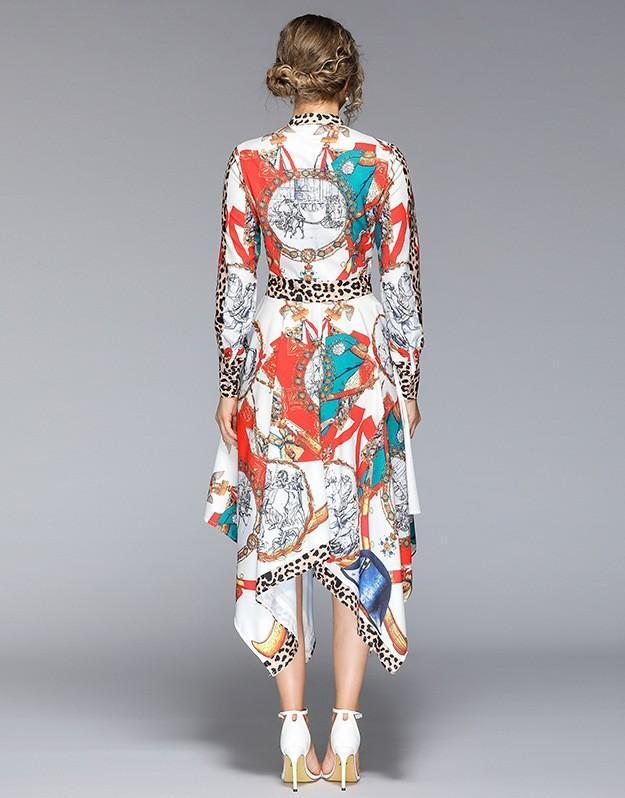 Stand Collar Long Sleeve Leopard Print Irregular Dress