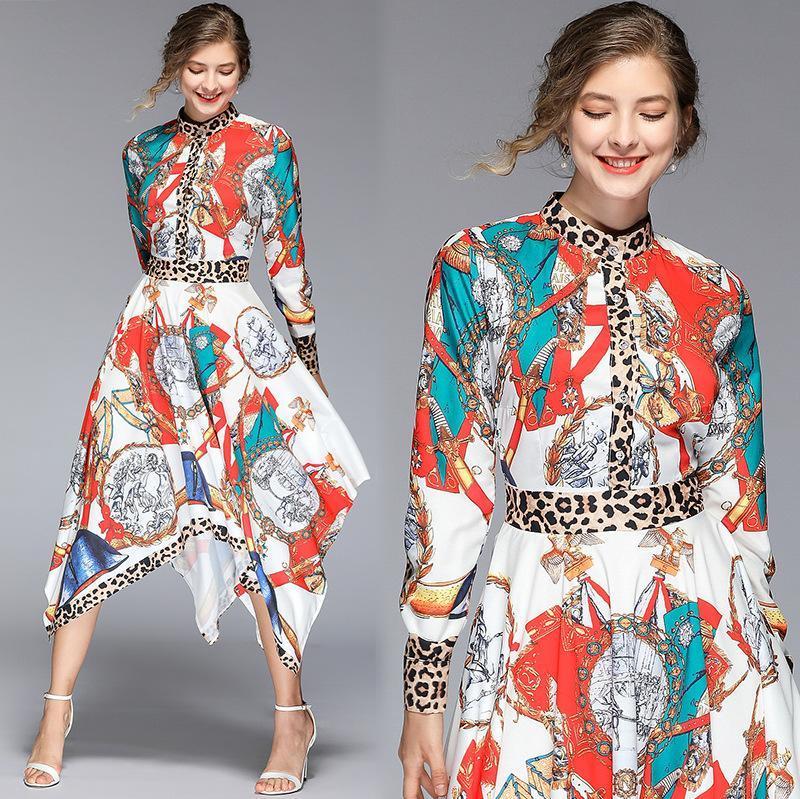 Stand Collar Long Sleeve Leopard Print Irregular Dress